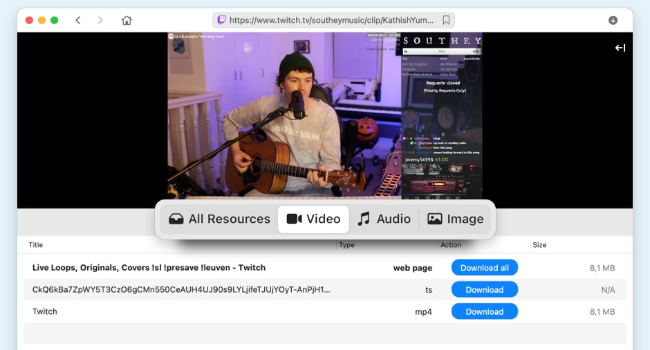 VideoDuke – the ultimate Twitch video downloader for Mac – can grab any multimedia file from a web page.
