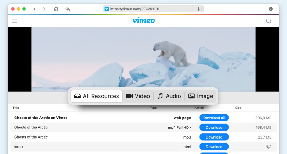 Avec VideoDuke, vous pouvez télécharger tous les fichiers liés à le site web de la vidéo.